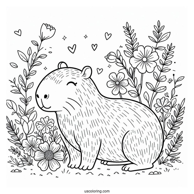 Cute Capybara Coloring Page With Flowers For Kids