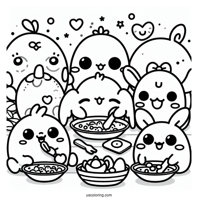 Tamagotchi Coloring Page Of Kuchipatchi, Mametchi, Lovelin, Chamametchi, And Friends Eating For Kids