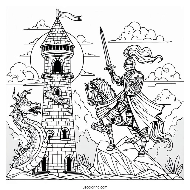 Coloring Page Of Knight With Dragon On Tower