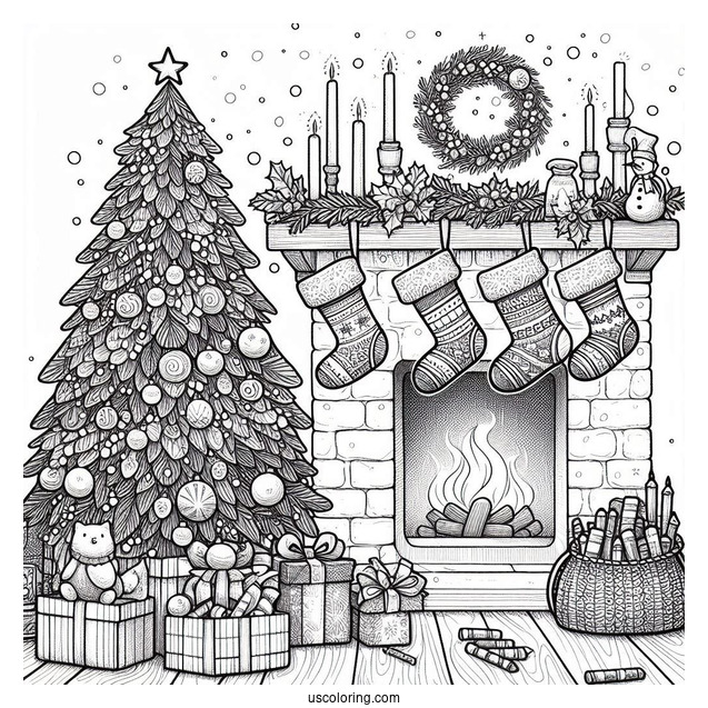 Christmas Tree And Stockings On Mantle