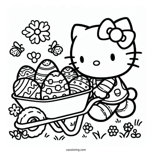 Easter Coloring Page Of Hello Kitty Pulling Wheelbarrow Filled With Easter Eggs For Kids