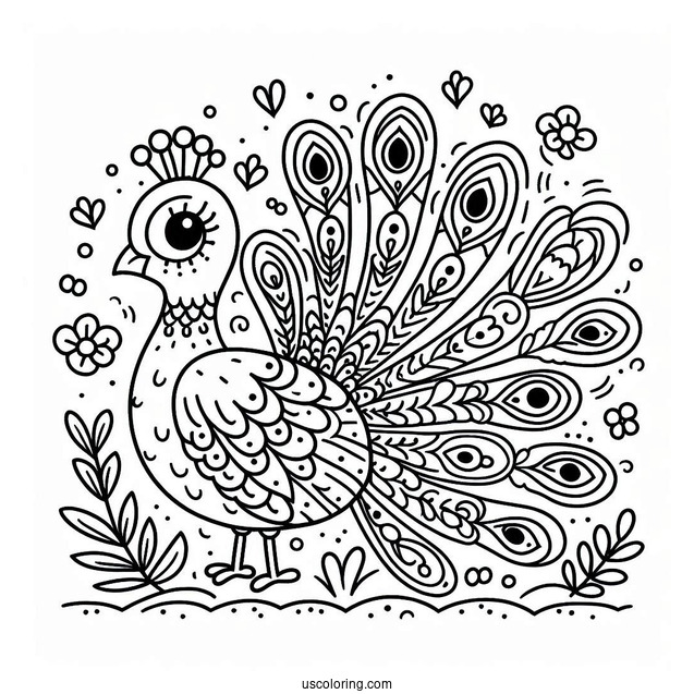 Happy Peacock Coloring For Toddlers