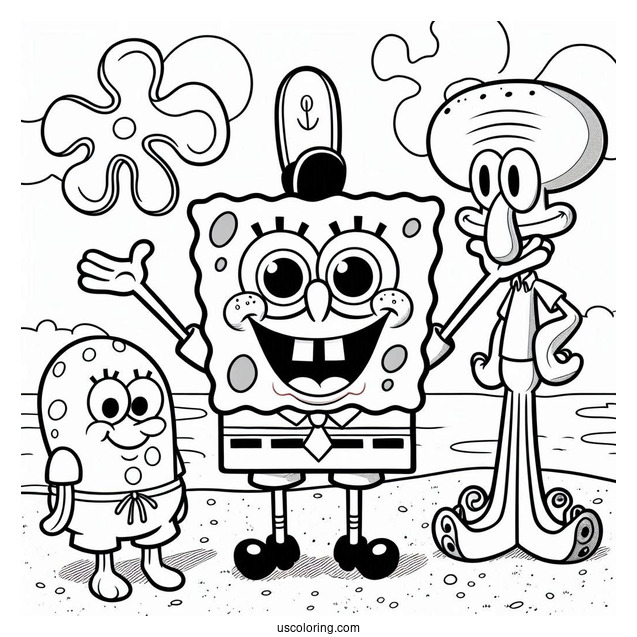 SpongeBob With Patrik, Squidward And Sandy To Color