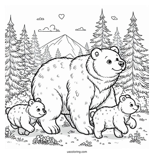 Mama Bear Coloring Page Walking With Her Two Cubs In Forest