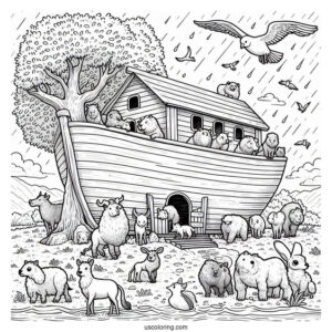 Noah's Ark Coloring Page With The Animals Outside The Ark