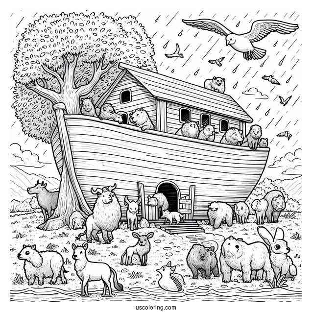Noah's Ark Coloring Page With The Animals Outside The Ark