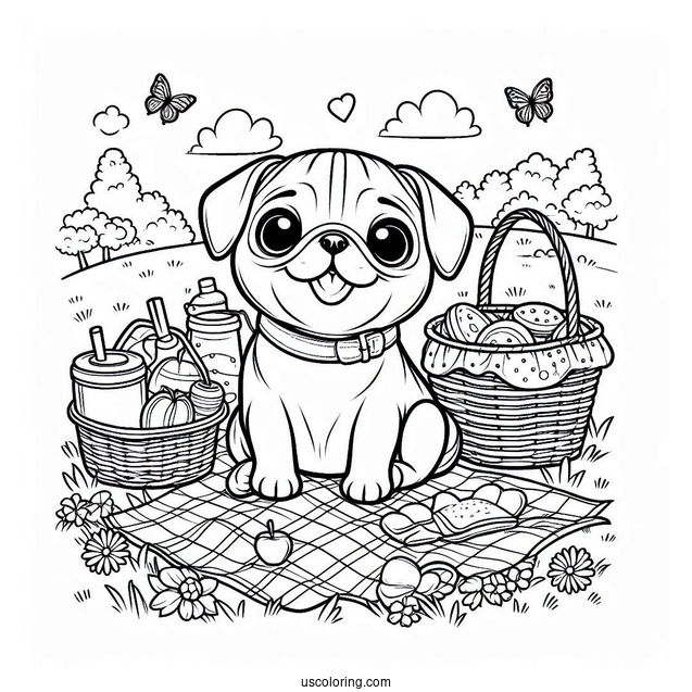 Peaceful Picnic with Pug Coloring Page Of Puppy