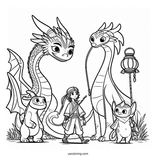 Raya And The Last Dragon Coloring Page Of Raya, Sisu, Tuk Tuk, And Namaari