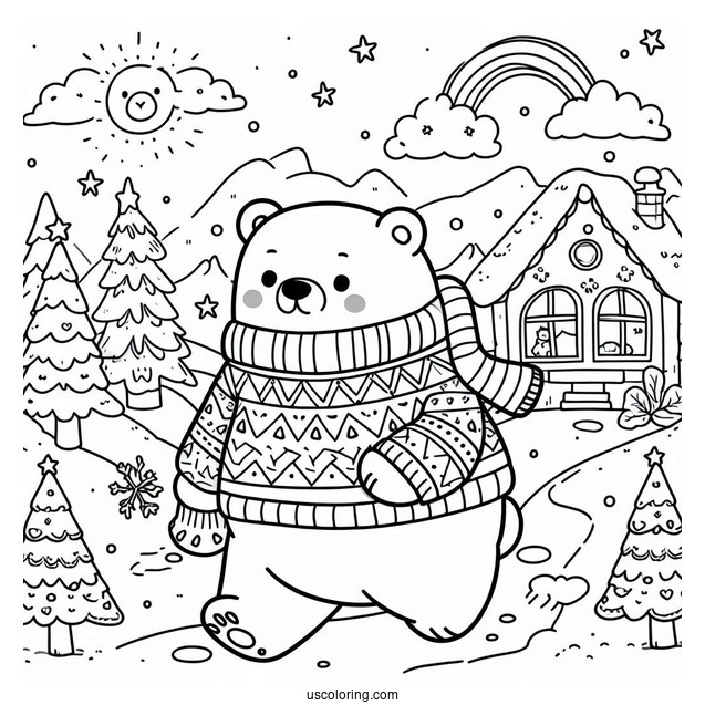 Polar Bear In A Sweater Going To The North Pole Coloring Page