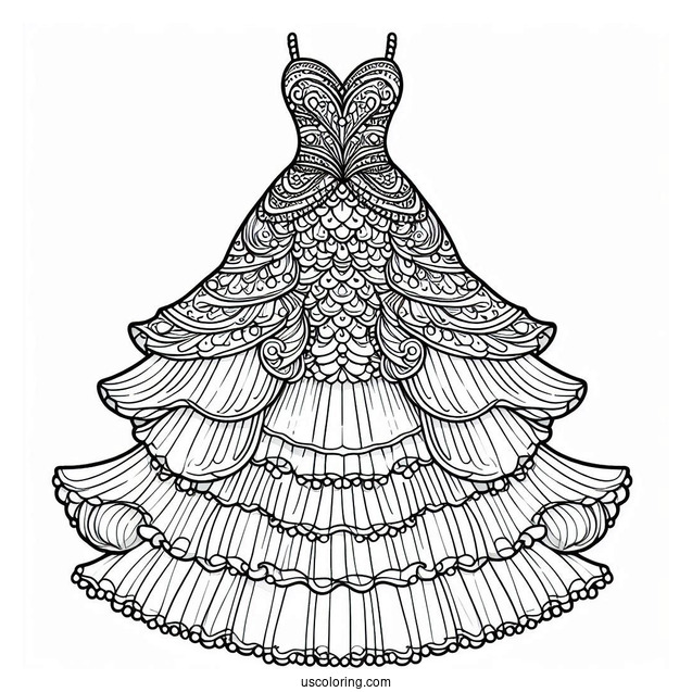 Mermaid Dress Coloring Page With Large Layered Tulle Bottom