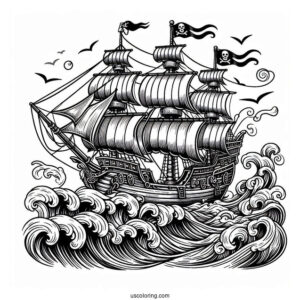Realistic Pirate Ship Coloring Page With Large Waves At The Side