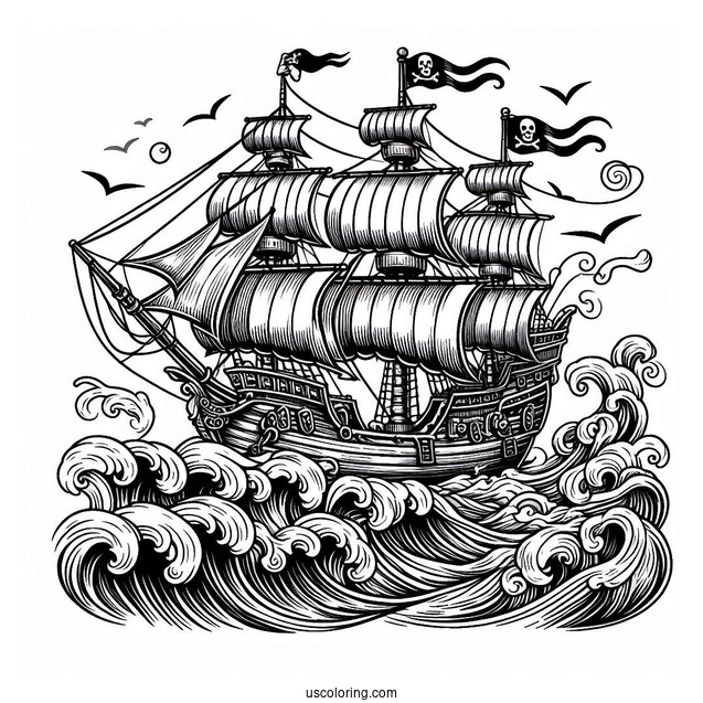 Realistic Pirate Ship Coloring Page With Large Waves At The Side