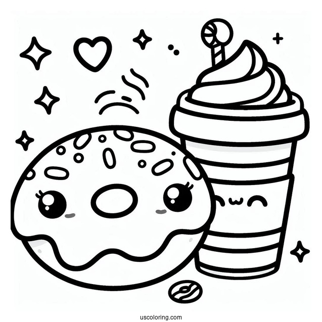 Cute Kawaii Donut And Coffee Coloring Page