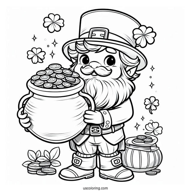 St. Patrick's Day Coloring Page Of Leprechaun Holding A Pot Of Gold For Kids
