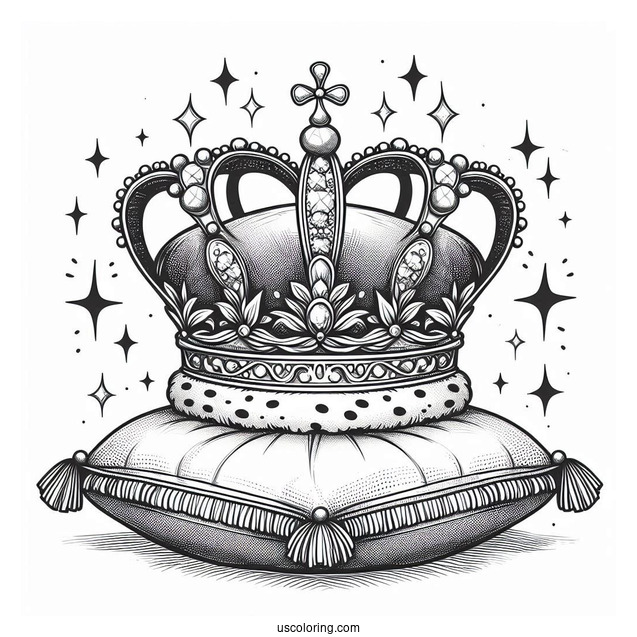 Sparkling Royal Crown Coloring Page on Velvet Pillow