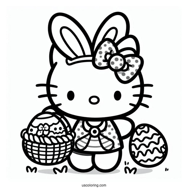 Hello Kitty In Easter Bunny Coloring Page Costume Carrying Basket Of Eggs