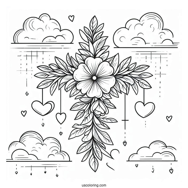 Floral Cross Coloring Page With Clouds In The Sky And Love Hearts