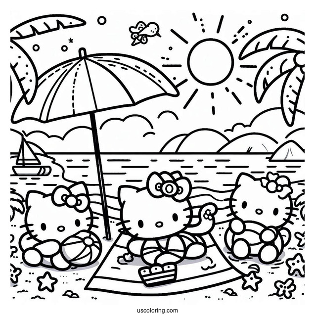 Hello Kitty And Friends Lounging At The Beach Coloring Page