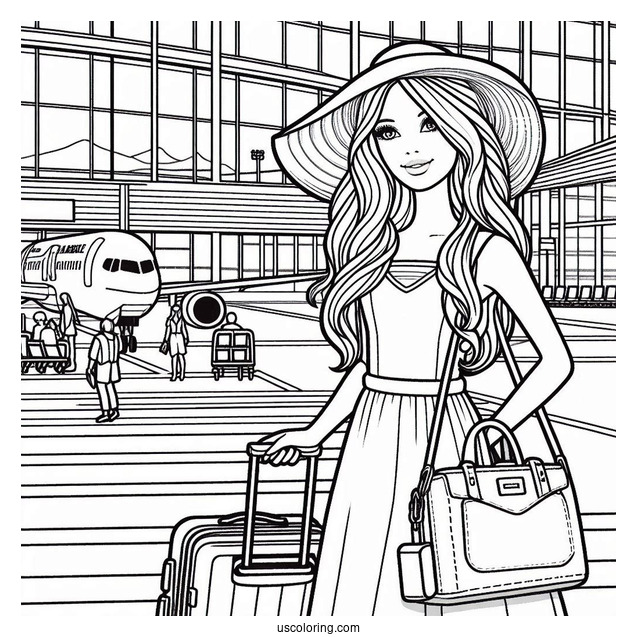 Travelling Barbie At Airport To Color