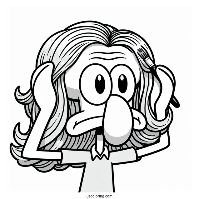 Squidward Coloring Page Putting On Wig