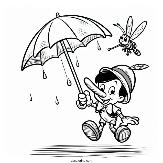 Pinocchio Coloring Page Of Jiminy Cricket Floating Down Using Umbrella