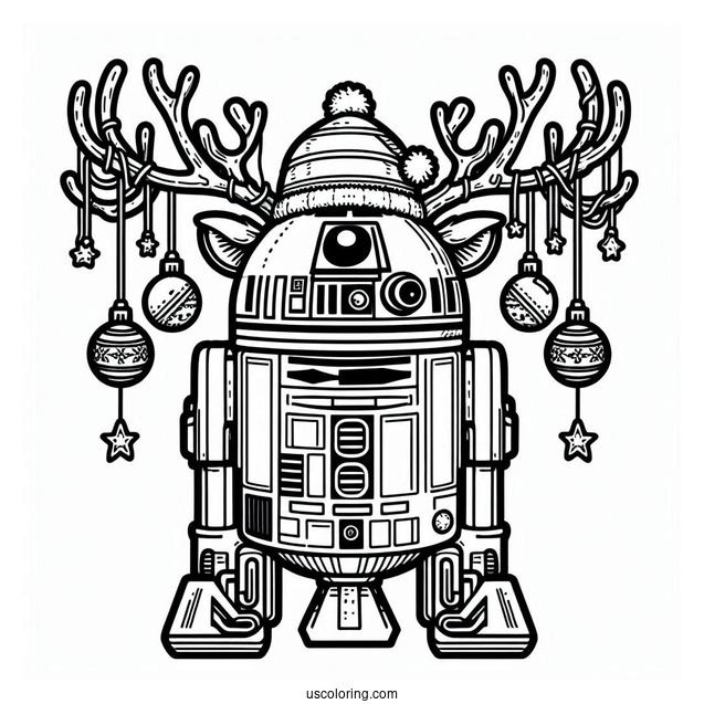 Cute R2-D2 Coloring Page With Antlers And Christmas Baubles For Kids