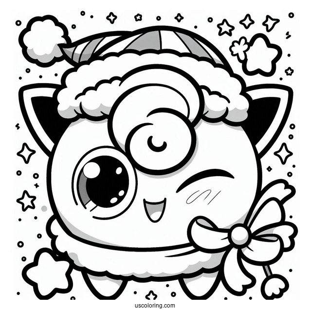 Pokemon Christmas Coloring Page Winking Jigglypuff Wearing Santa Hat For Kids