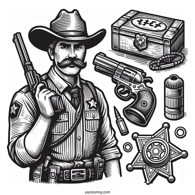 Cowboy Coloring Page Sheriff Photograph, Dynamite, Badge, And Gun