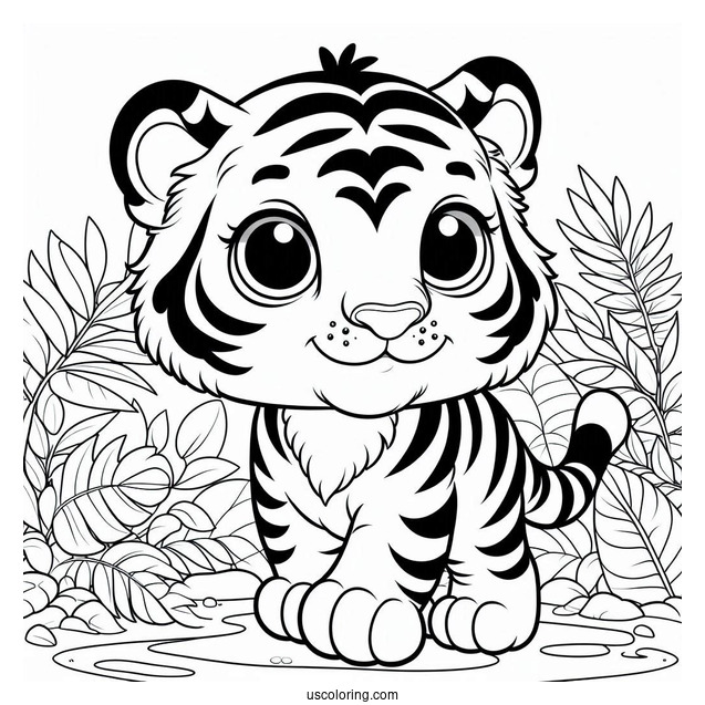 Young Tiger In The Jungle Coloring Page For Kids