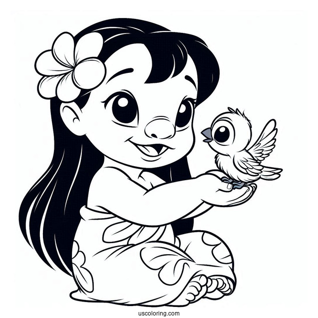 Lilo Holding a Baby Bird Coloring Page