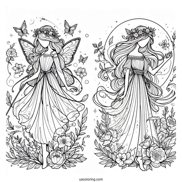 Flora, Fauna, and Merryweather Fairies Coloring Sheet