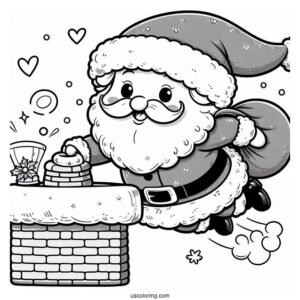 Coloring Page Of a Cute Santa Going Down a Chimney