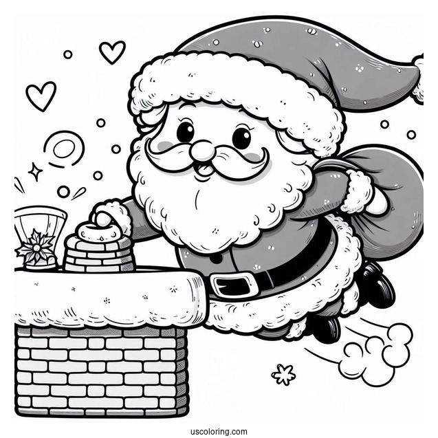 Coloring Page Of a Cute Santa Going Down a Chimney