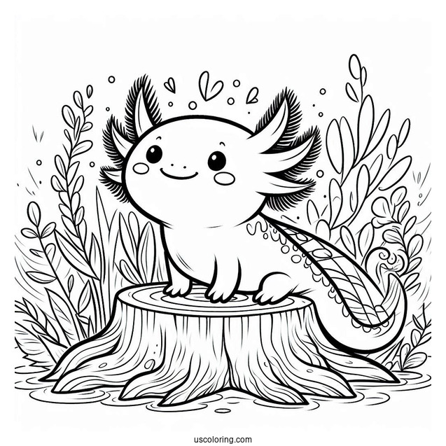 Happy Axolotl Coloring Page Standing On A Stump Under The Sea