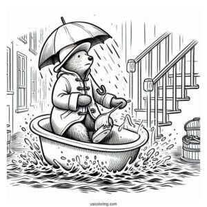 Paddington Coloring Page Riding Bathtub Down A Flooded Stairs
