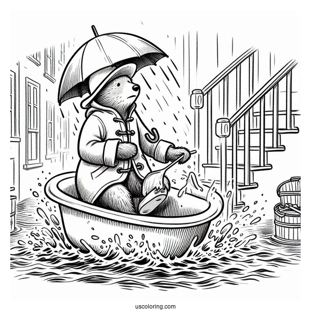 Paddington Coloring Page Riding Bathtub Down A Flooded Stairs