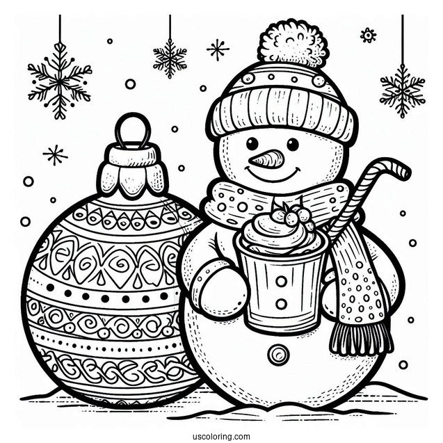 Snowman Holding Hot Chocolate In The Snow Bauble Christmas Ornaments Coloring Page
