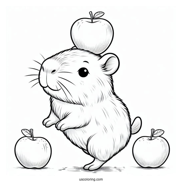 Baby Capybara Coloring Page Balancing Three Apples On Its Head For Kids