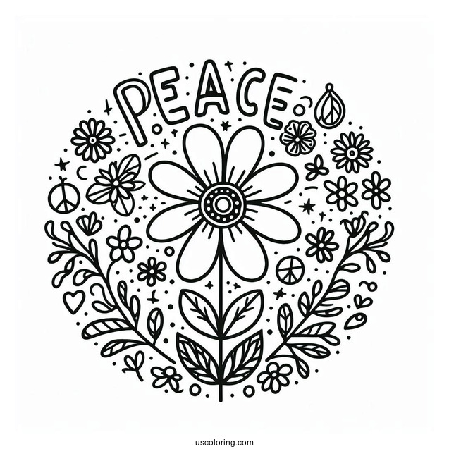Peace Coloring Page Of Simple Flower Power Words