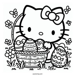 Hello Kitty Collecting Eggs Easter Coloring Page For Kids