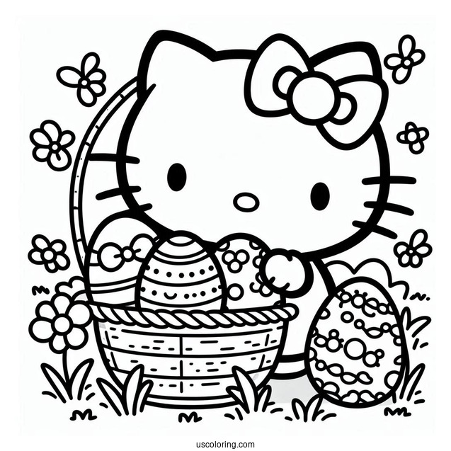 Hello Kitty Collecting Eggs Easter Coloring Page For Kids