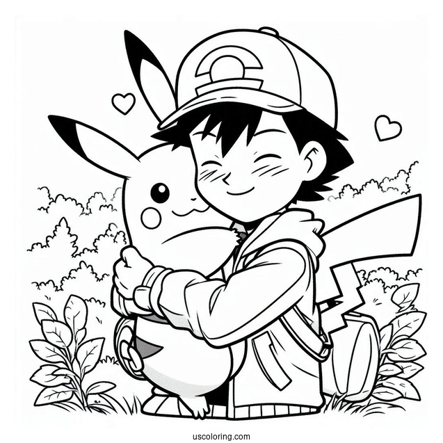 Coloring Page Of Ash Embracing Pikachu