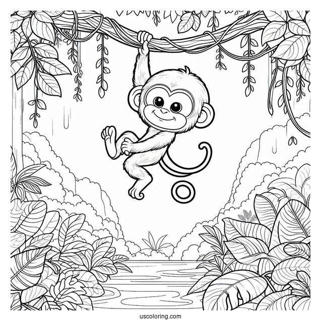 Jungle Coloring Page Of Easy Monkey Hanging From Vine For Kids