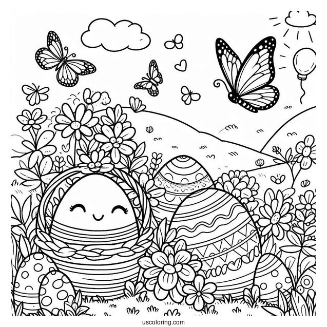 Happy Easter Coloring Page In Garden With Butterflies For Kids