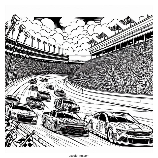 NASCAR Coloring Page Race Cars On Track With Crowd In Background