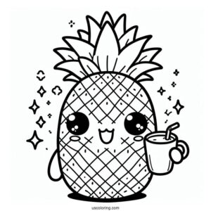 Smiling Pineapple Coloring Page Holding Milk Tea For Kids