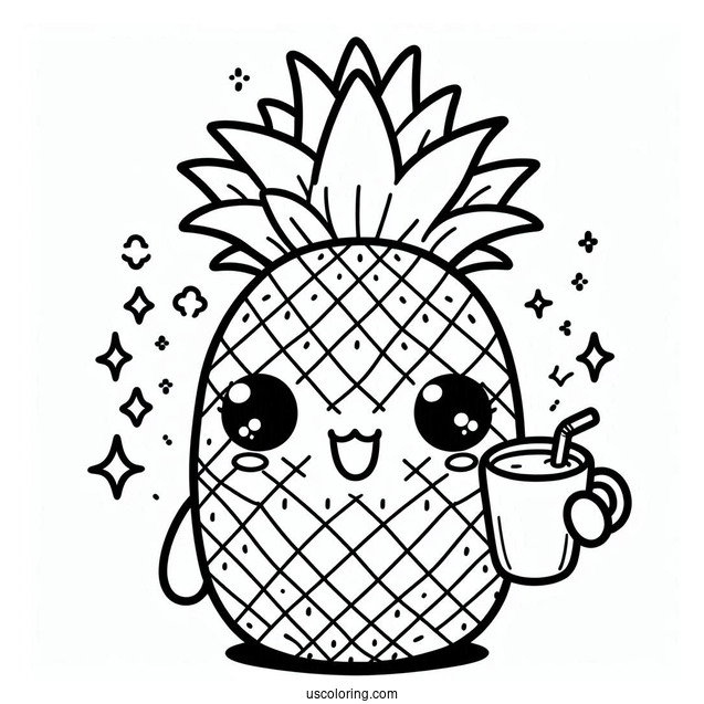Smiling Pineapple Coloring Page Holding Milk Tea For Kids
