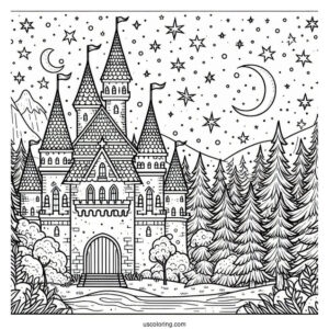 Magical Castle Coloring Page In The Forest With Starry Sky