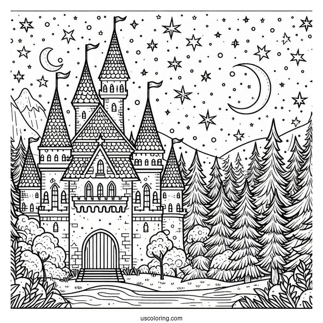 Magical Castle Coloring Page In The Forest With Starry Sky