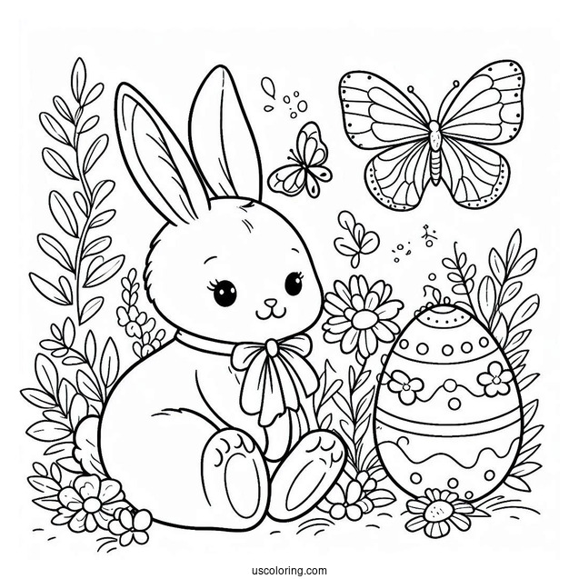 Easy Easter Bunny Coloring Page With Egg And Butterfly